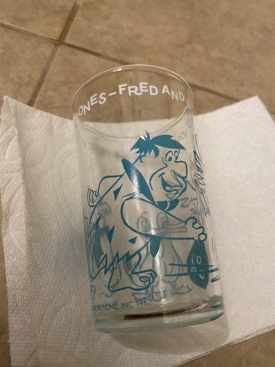 画像1: Hanna Barbera Flintstones Fred & Barney Blue  Bowl Duck Pins Glass 1962  /  フリントストーン ブルー、フレッド&バーニー　ボーリング　グラス　 (D)