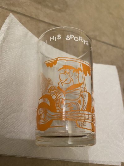 画像1: Hanna Barbera Flintstones Orange Fred Sports Car Glass  1962 /  フリントストーン、　オレンジフレッド、スポーツカー　グラス　(F)