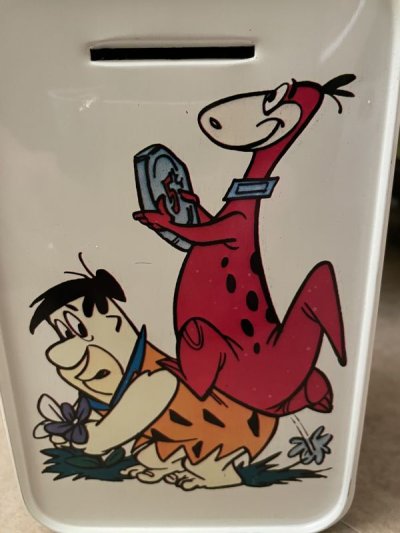 画像1: Hanna Barbera Flintstones Tin Can Fred & Dino Coin Bank Box (B)  / フリントストーン　ティン製　ディノ赤とフレッド貯金箱　ボックス型缶